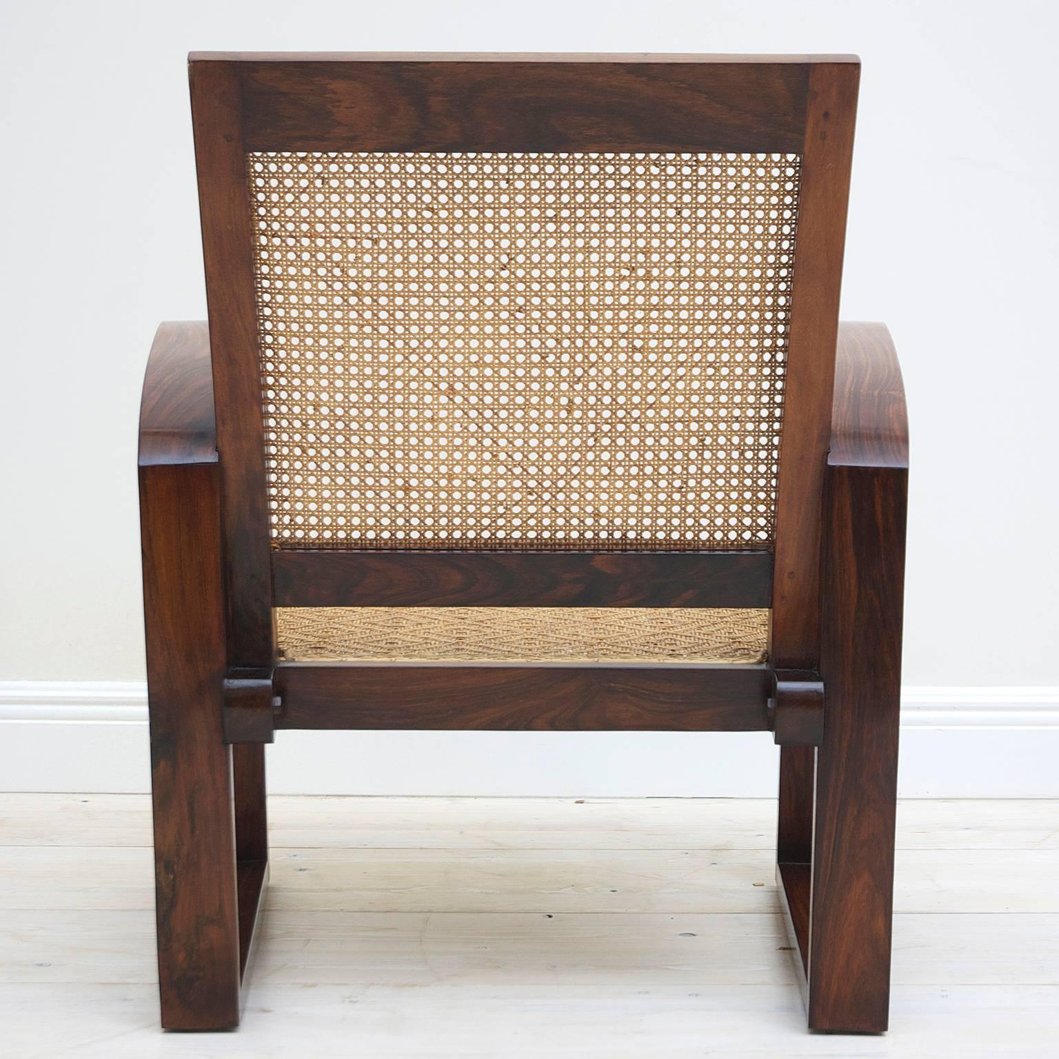 4 Art Deco French Colonial Rosewood Armchairs with Caned Backs and Woven Seats In Good Condition In Miami, FL