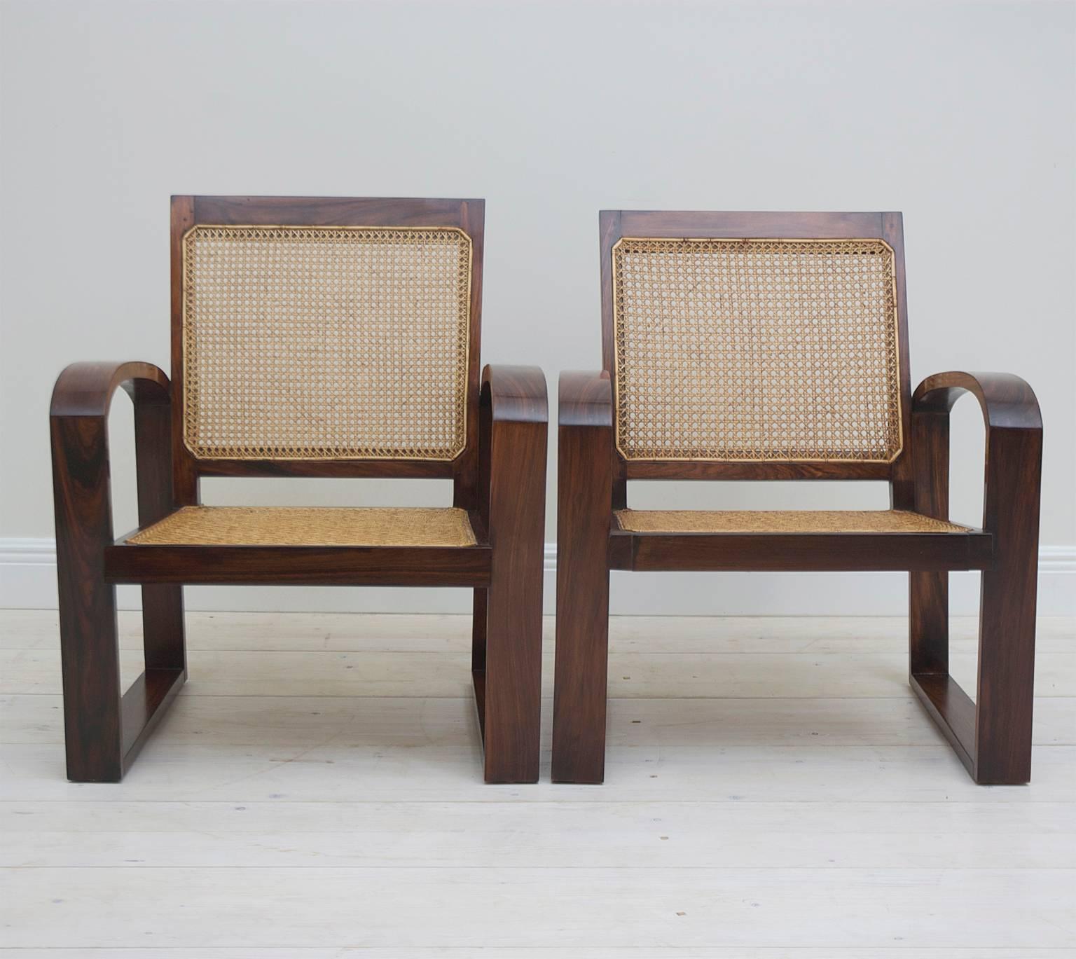4 Art Deco French Colonial Rosewood Armchairs with Caned Backs and Woven Seats 2