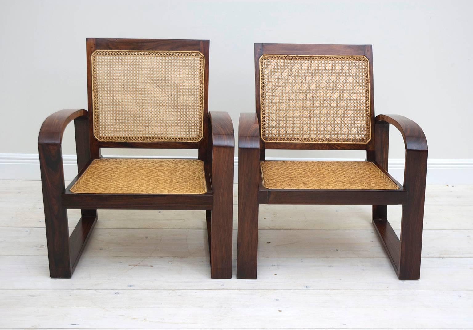 4 Art Deco French Colonial Rosewood Armchairs with Caned Backs and Woven Seats 3