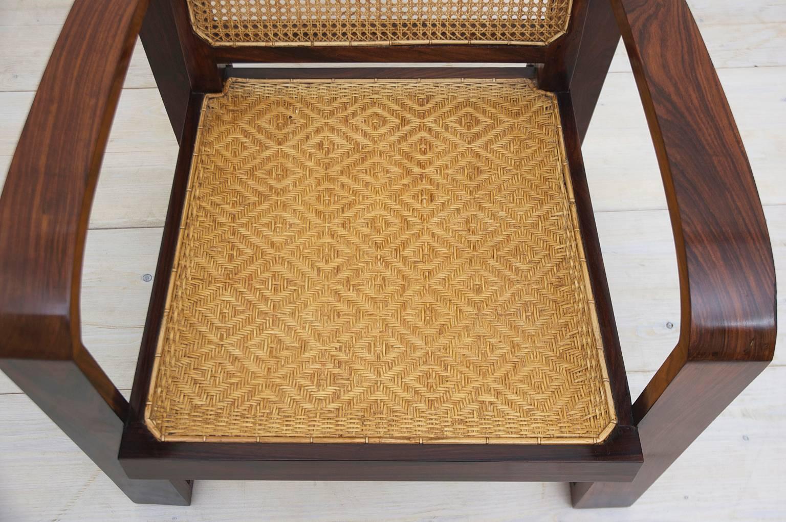 20th Century 4 Art Deco French Colonial Rosewood Armchairs with Caned Backs and Woven Seats