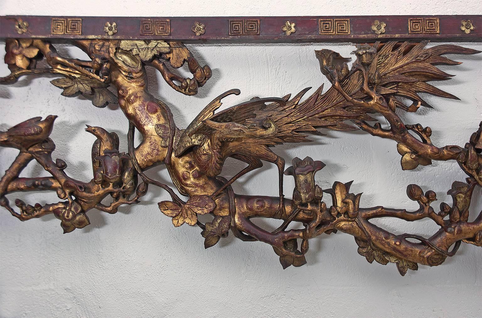 Antique Carved Chinese Qing Surround in Gilded Wood w Foo Dogs, Birds & Flowers 2