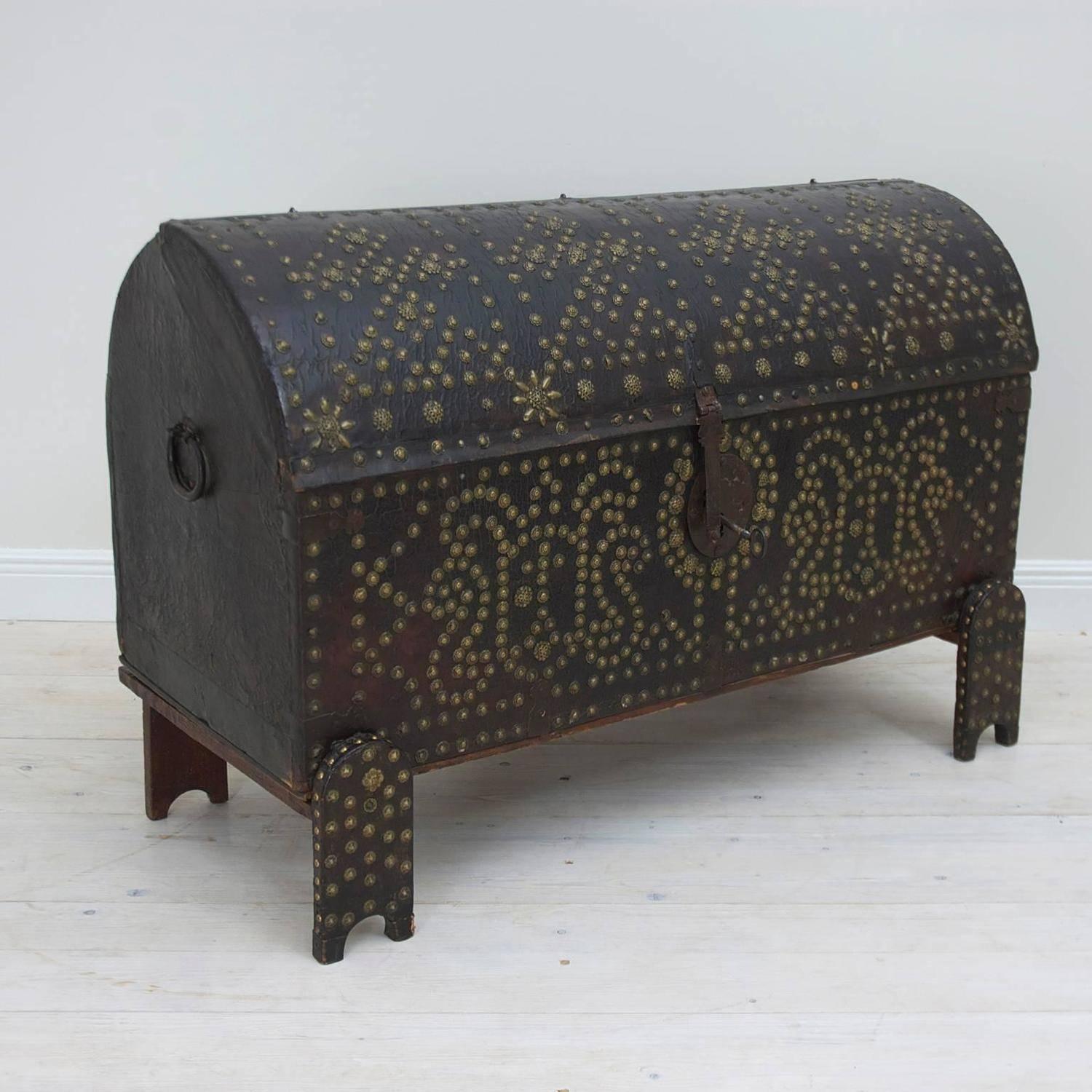 Baroque 18th Century Spanish Leather-Bound Chest on Stand with Decorative Nailheads