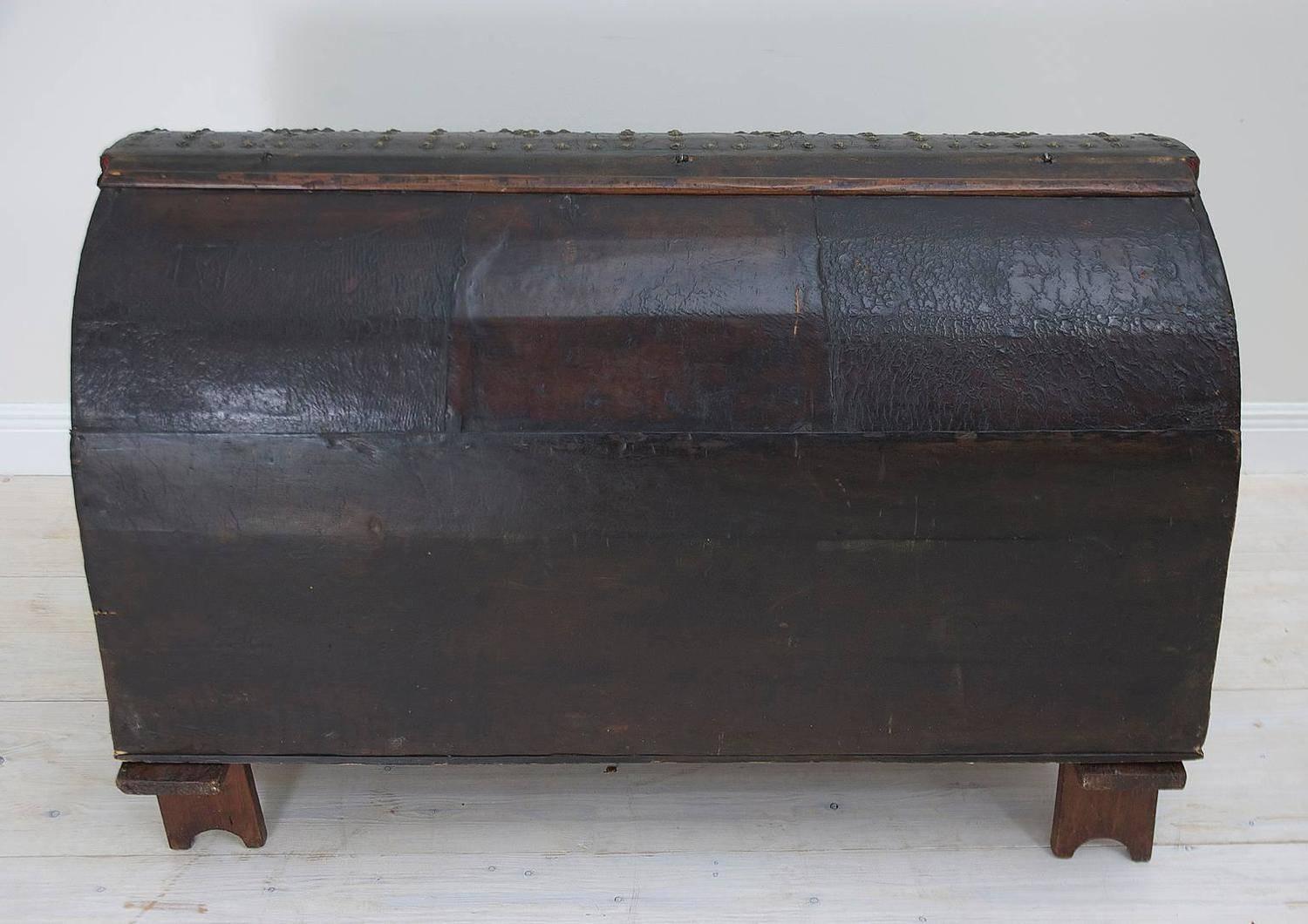 Brass 18th Century Spanish Leather-Bound Chest on Stand with Decorative Nailheads