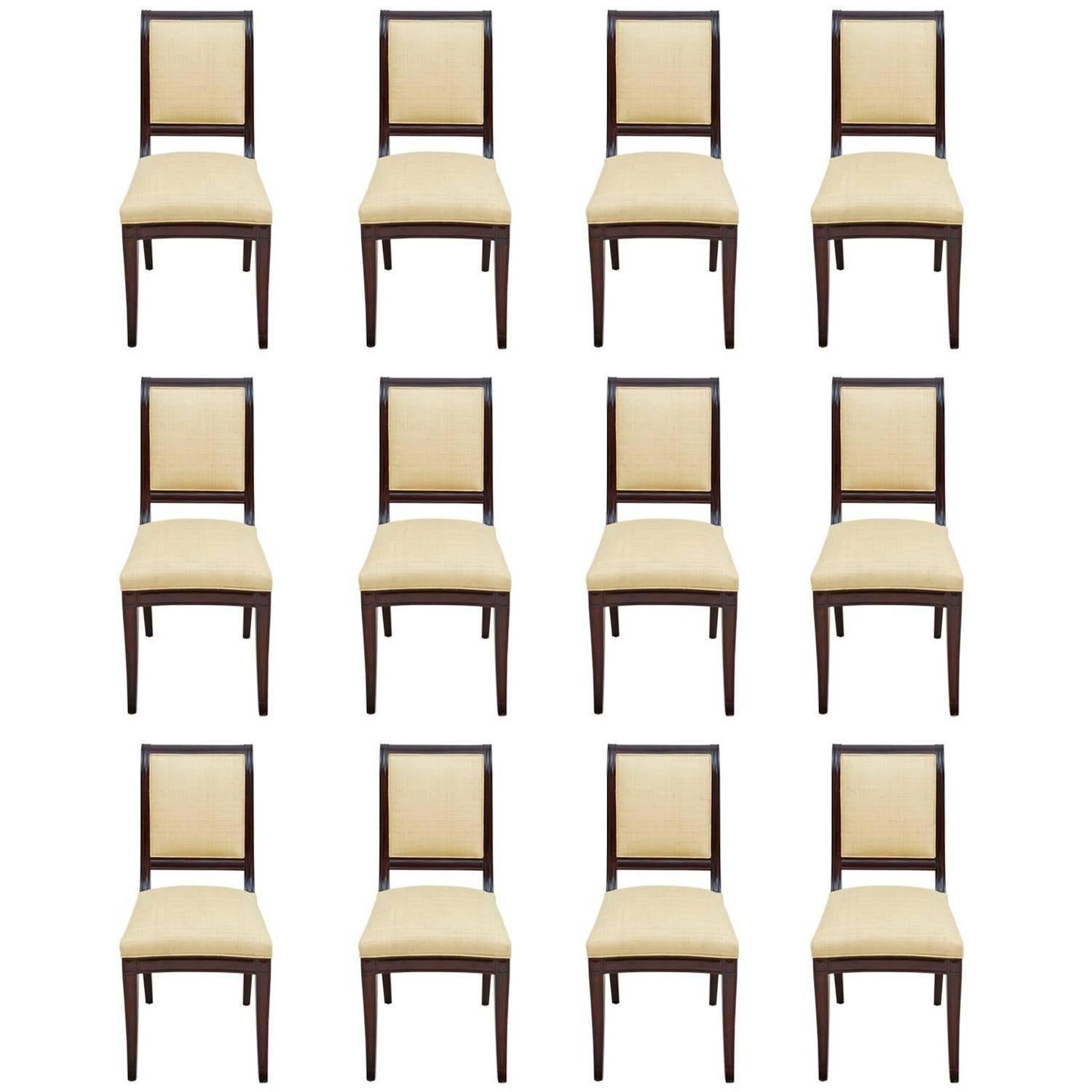 Polished Set of 12 British Colonial Mahogany Dining Chairs Upholstered in Madagascar