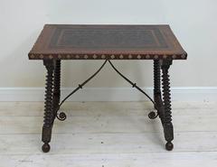 19th Century Spanish Walnut Table with Embossed Leather Top and Wrought Iron