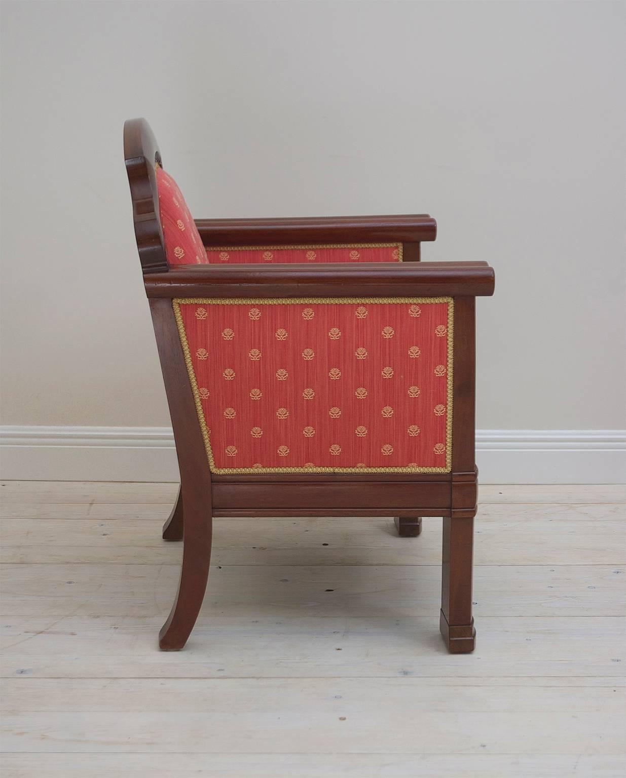 Polished Pair of Danish Art Deco Club Chairs/ Bergeres in Mahogany w/ Upholstery, c. 1920 For Sale