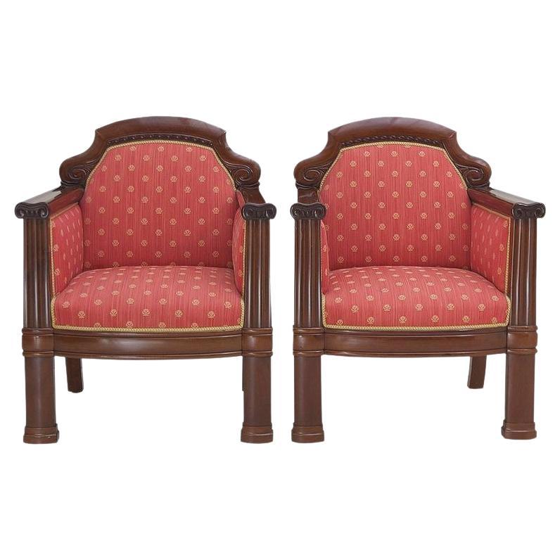 Pair of Danish Art Deco Club Chairs/ Bergeres in Mahogany w/ Upholstery, c. 1920 For Sale