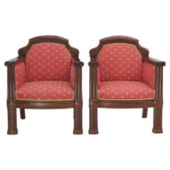 Vintage Pair of Danish Art Deco Club Chairs/ Bergeres in Mahogany w/ Upholstery, c. 1920