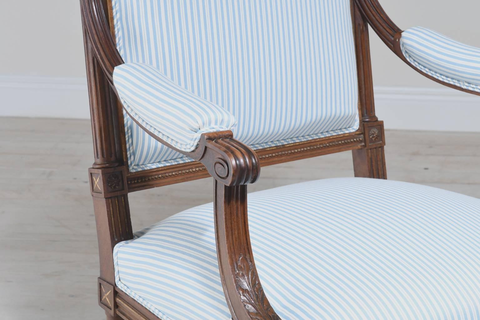 Pair of Antique French Upholstered Louis XVI Style Armchairs in Carved Walnut 3