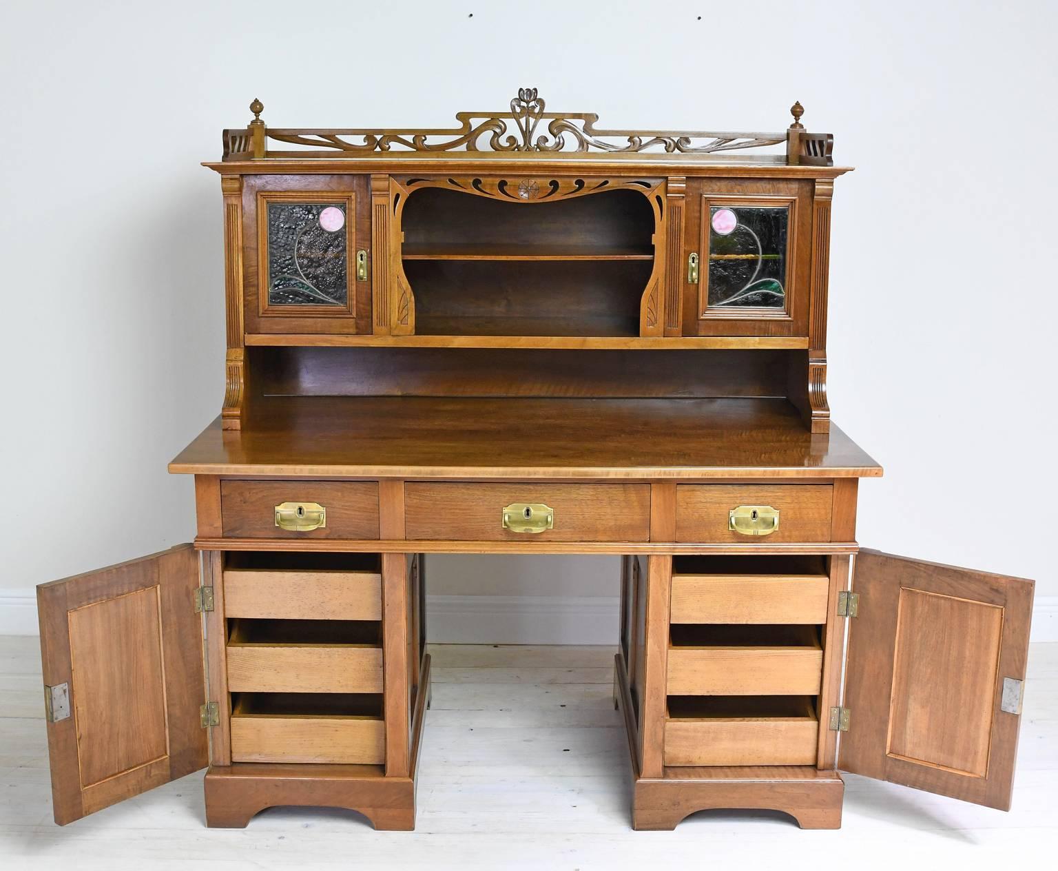 Belgian Art Nouveau Walnut Pedestal Desk with Upper Cabinet and Stained Glass, C. 1900 For Sale