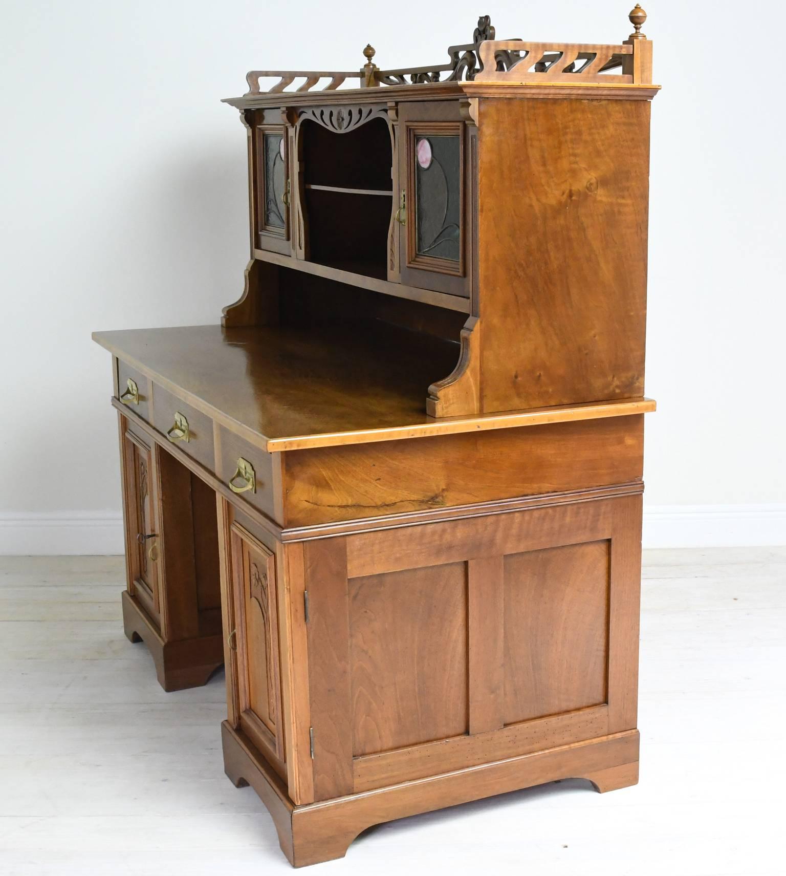 Polished Art Nouveau Walnut Pedestal Desk with Upper Cabinet and Stained Glass, C. 1900 For Sale