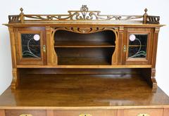 Art Nouveau Walnut Pedestal Desk with Upper Cabinet and Stained Glass, C. 1900