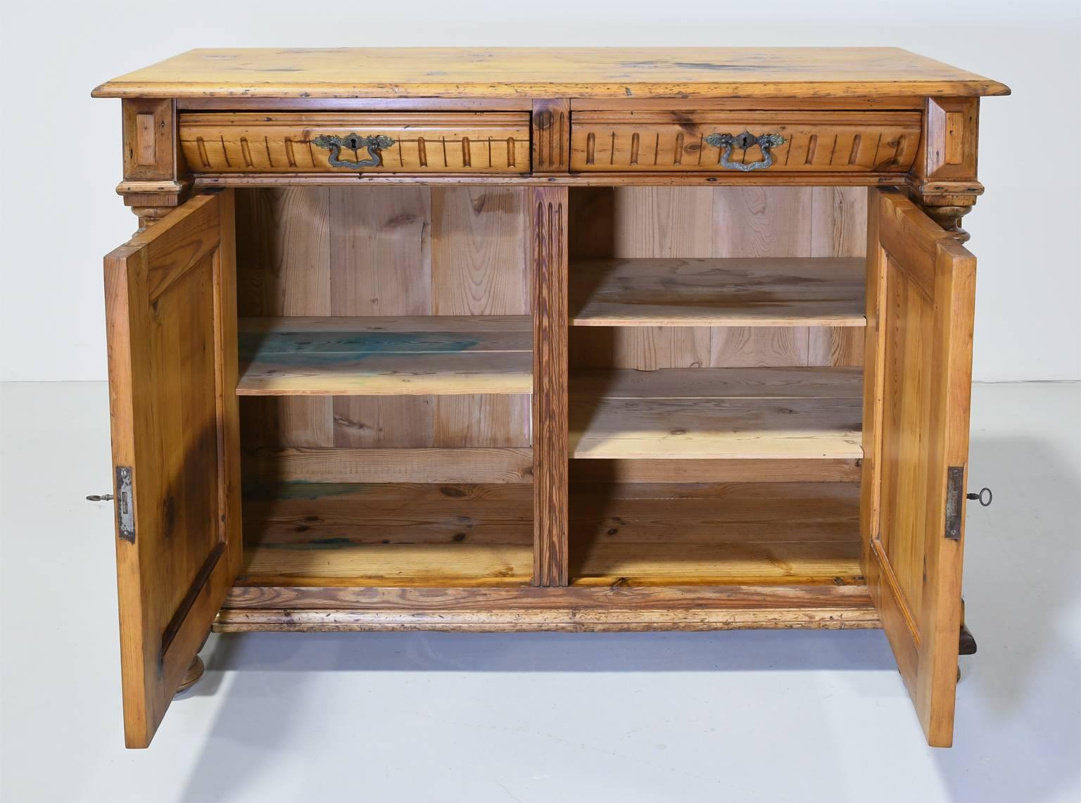 Rustic 19th Century Danish Sideboard or Buffet in Pine with Rope-Turned Columns