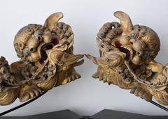 Pair of Qing Dynasty Carved and Gilded Chinese Foo Dog and Lion Statues