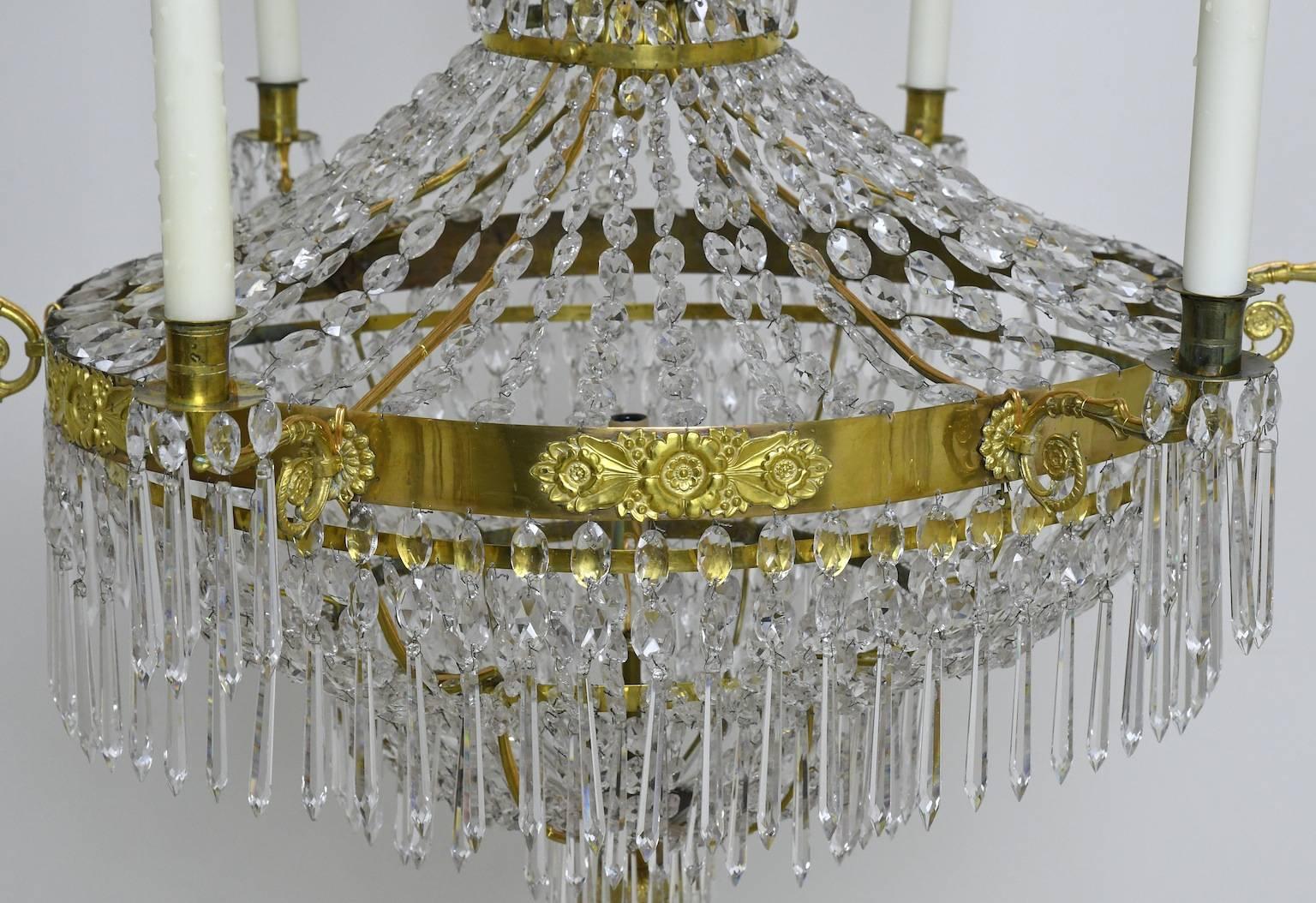 Beveled Antique Swedish Gustavian /Empire Crystal Chandelier w/ Gilt Bronze & Ten Lights For Sale