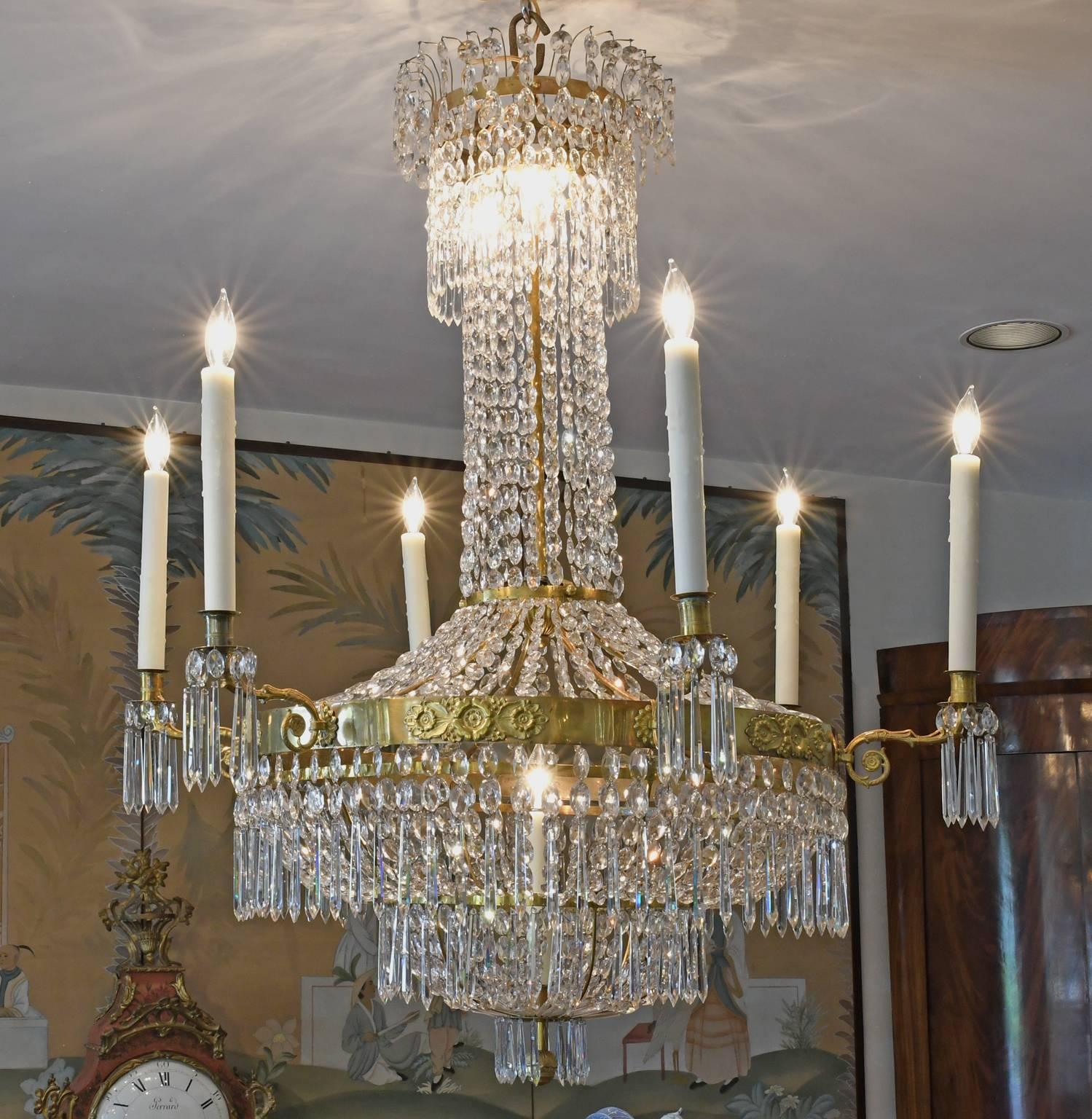 Antique Swedish Gustavian /Empire Crystal Chandelier w/ Gilt Bronze & Ten Lights For Sale 2