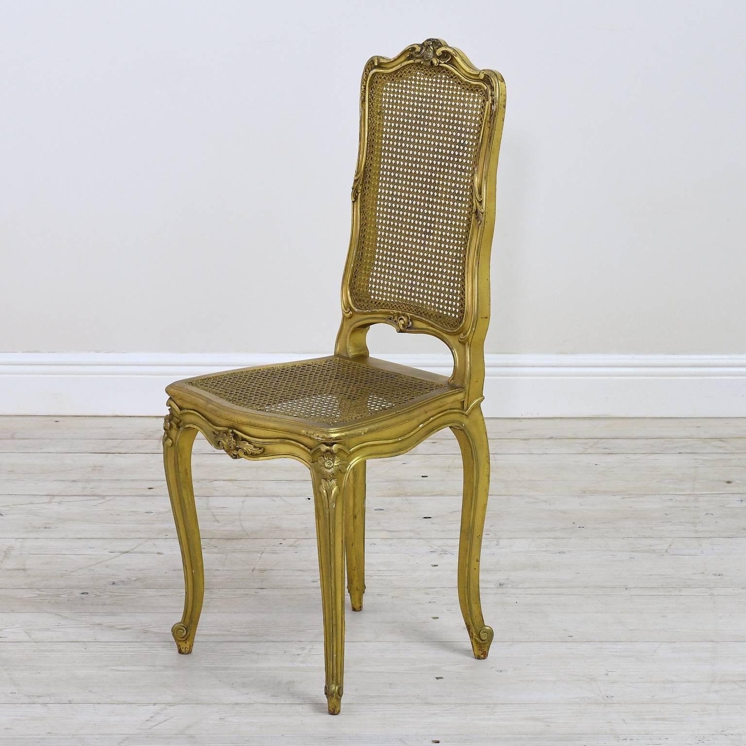 French Pair of Giltwood Louis XV Style Belle Epoque Chairs with Caning