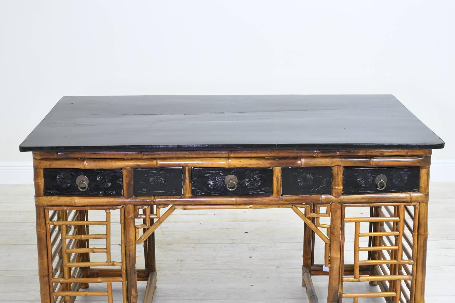 Bamboo Chinese Pedestal Desk with Ebonized Top & Drawers, circa 1930 In Good Condition In Miami, FL