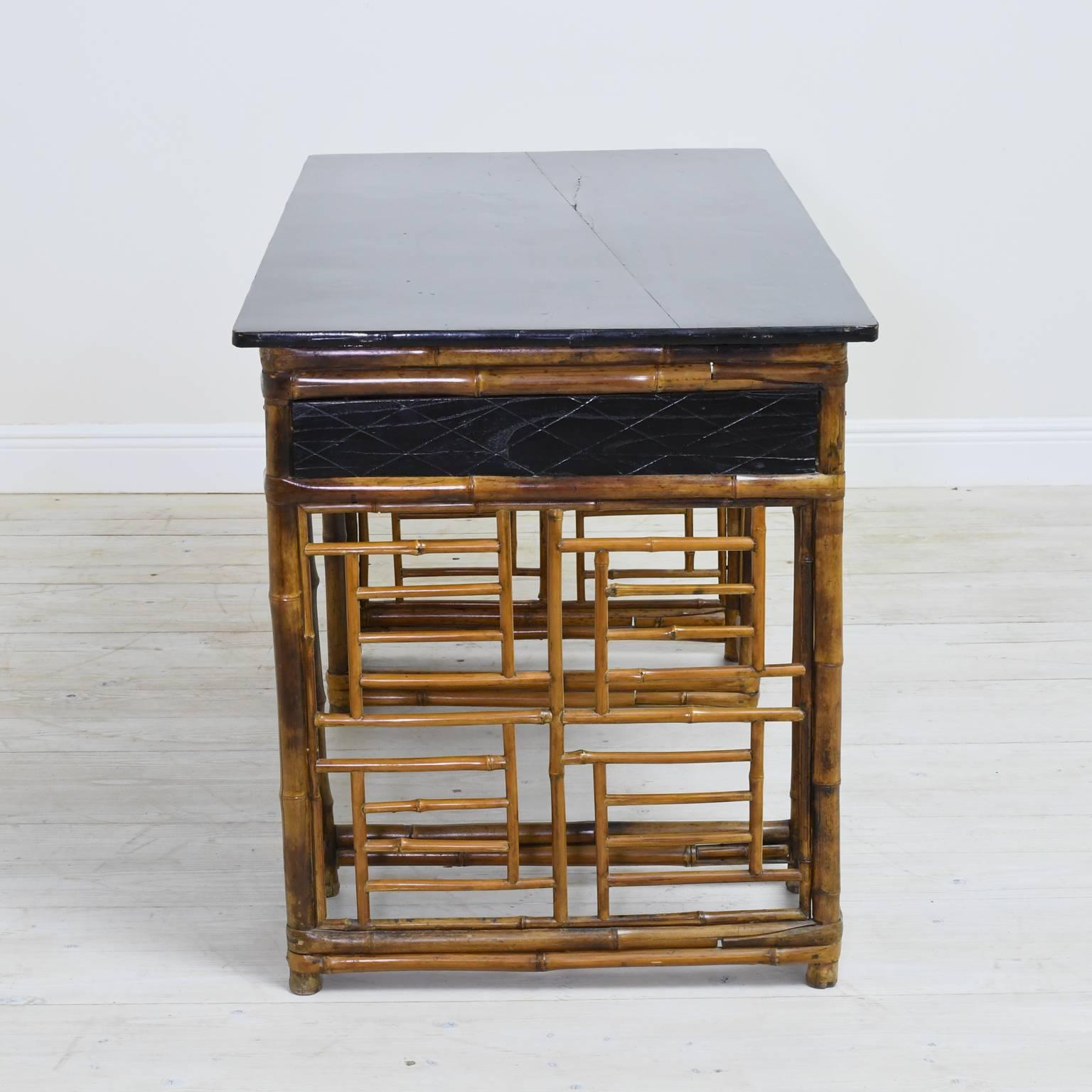 Mid-20th Century Bamboo Chinese Pedestal Desk with Ebonized Top & Drawers, circa 1930