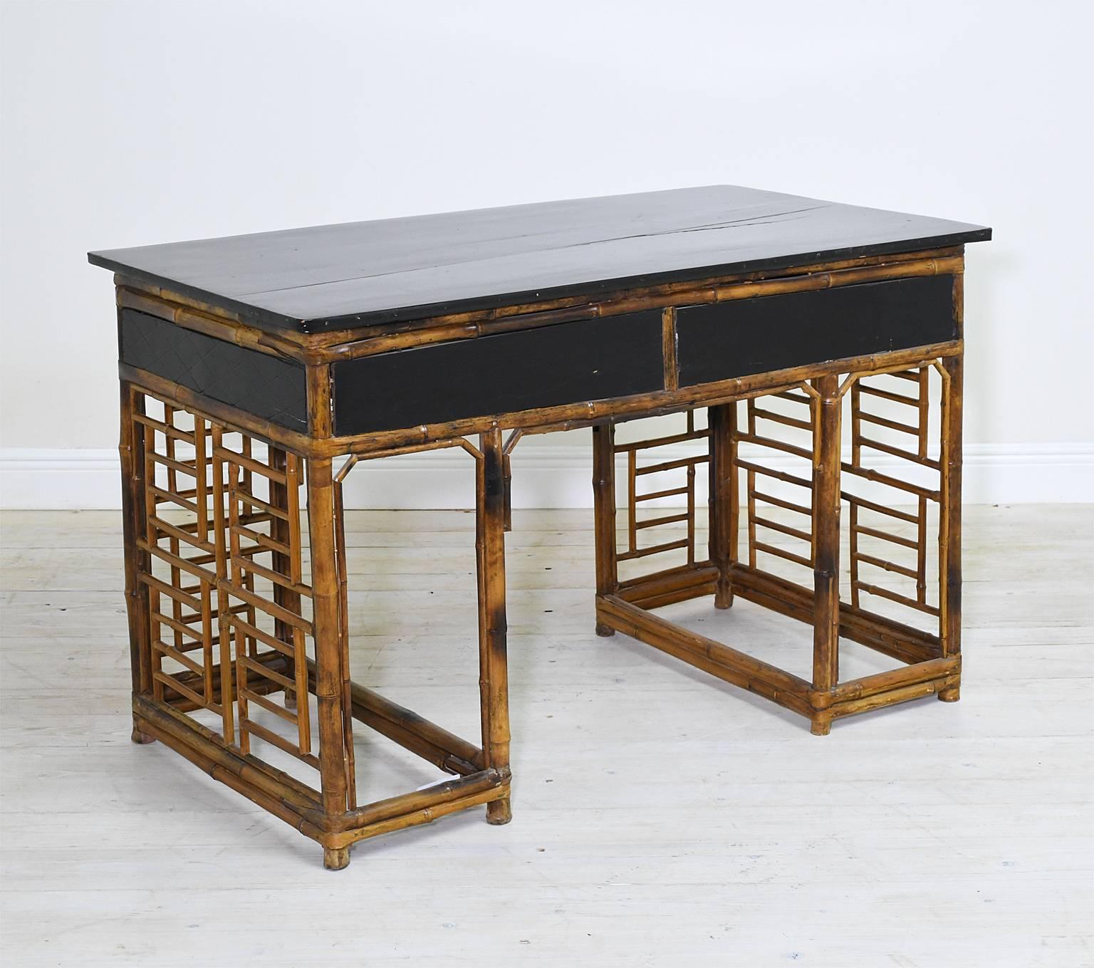 Bamboo Chinese Pedestal Desk with Ebonized Top & Drawers, circa 1930 1