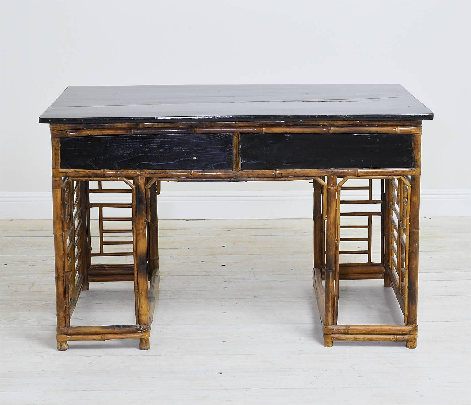 Bamboo Chinese Pedestal Desk with Ebonized Top & Drawers, circa 1930 2