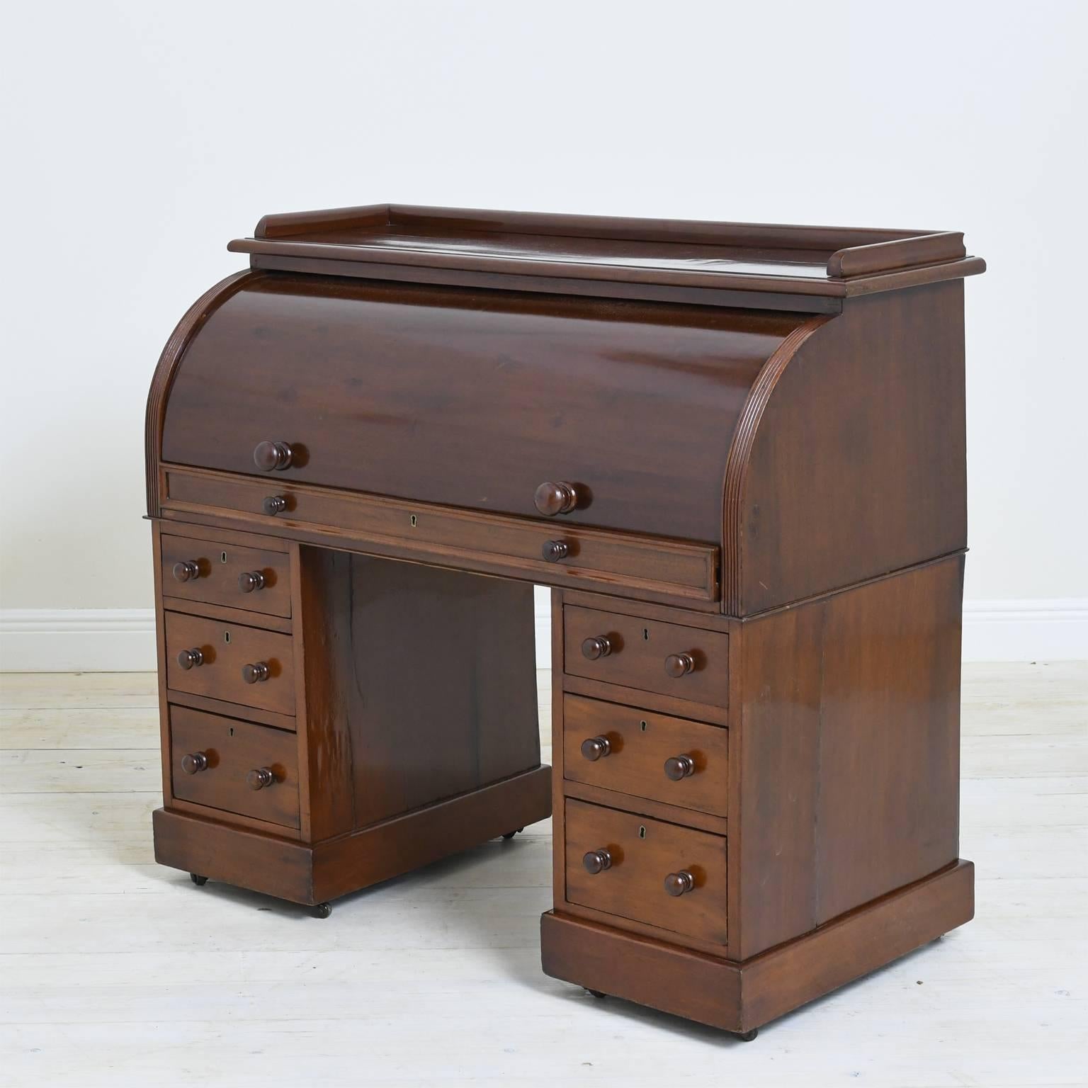 Birdseye Maple English Pedestal Desk in Mahogany with Cylinder Top, circa 1840