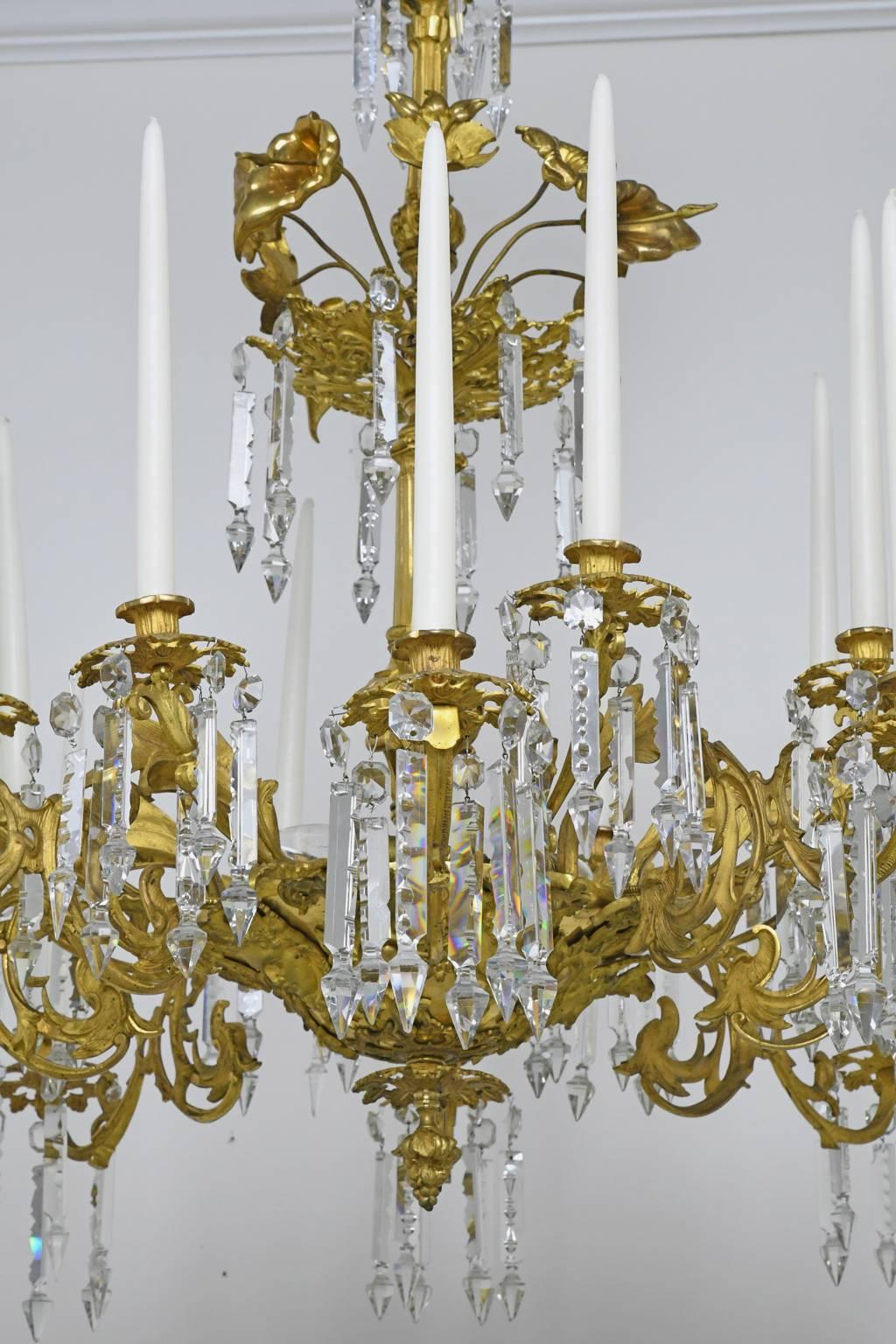 Gilt French Rococo Style Bronze Doré Chandelier with 16 Candles & 6 lights, ca 1840