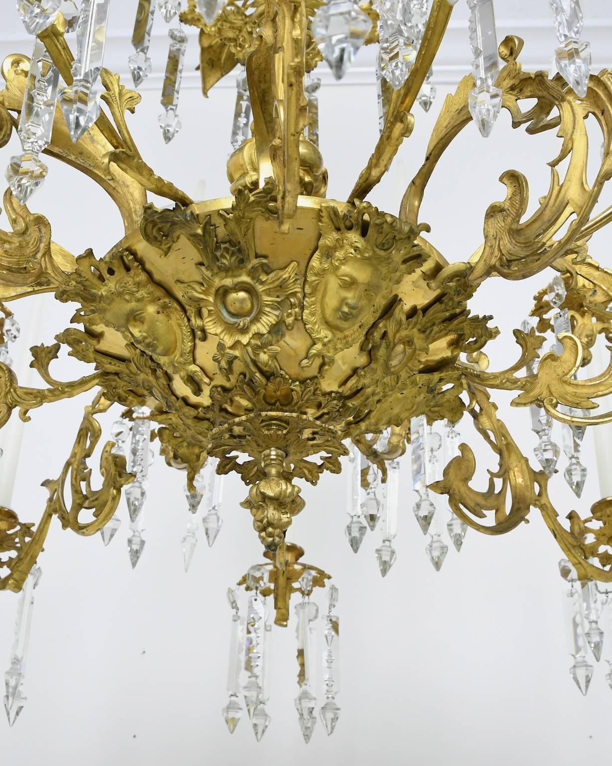Crystal French Rococo Style Bronze Doré Chandelier with 16 Candles & 6 lights, ca 1840