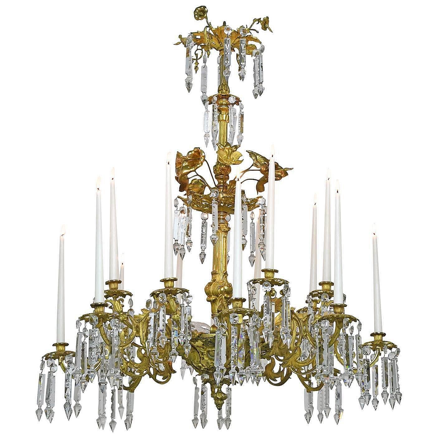 French Rococo Style Bronze Doré Chandelier with 16 Candles & 6 lights, ca 1840 3