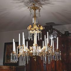 French Rococo Style Bronze Doré Chandelier with 16 Candles & 6 lights, ca 1840