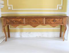 Long French Oak Parquetry Sideboard with Three Drawers and Cabriole Legs