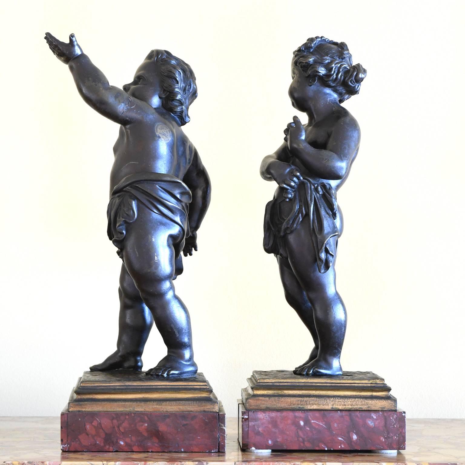Renaissance Pair of 19th Century French Bronze Cherubs on Marble Base For Sale