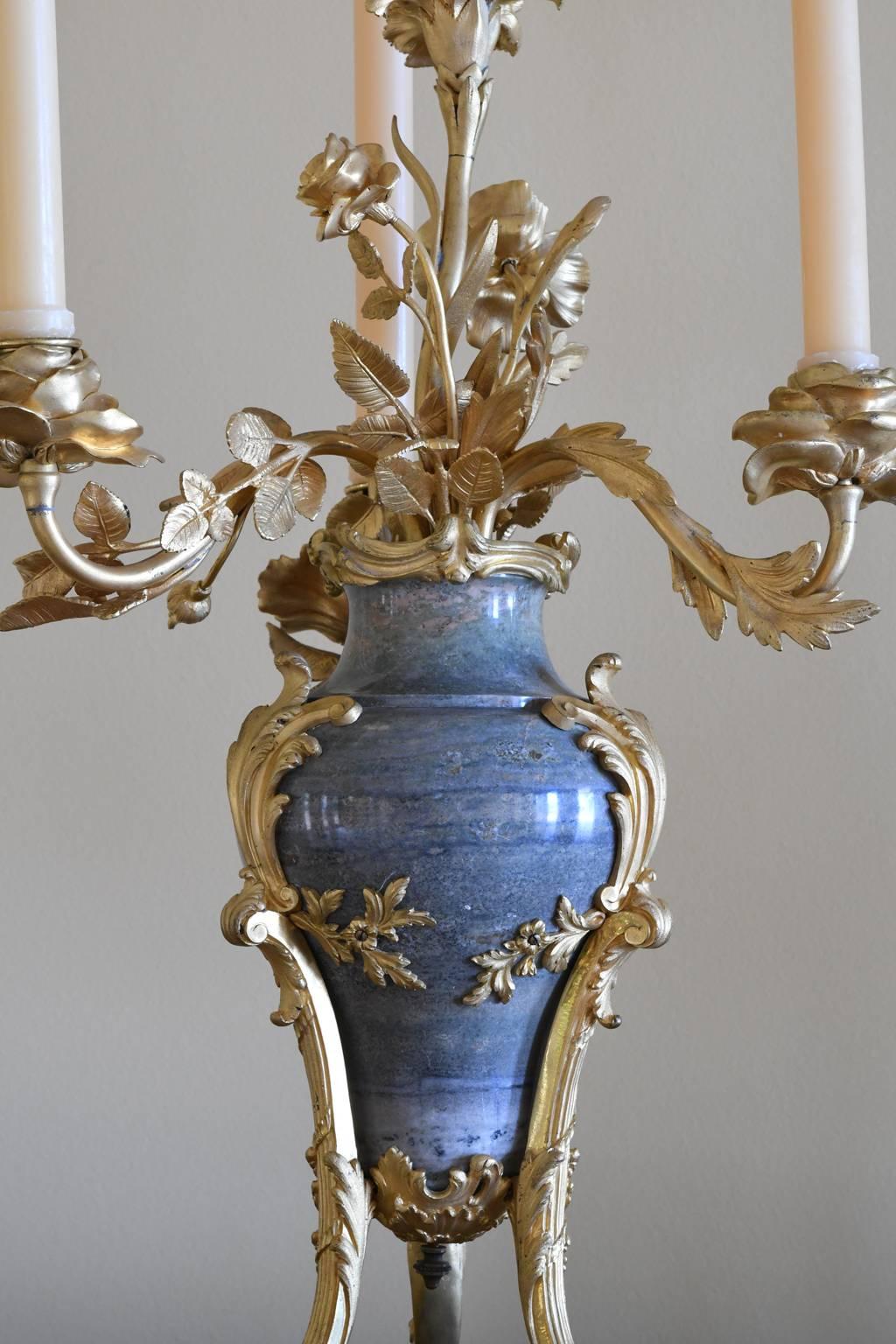 Louis XVI Pair of 19th Century Green Marble Vase Candelabra with Bronze Doré Mounts For Sale
