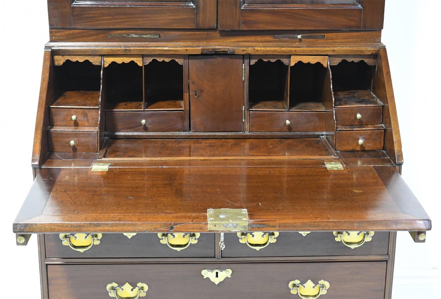 Polished Antique English George III Slant-Front Secretary w/ Bookcase in Cuban Mahogany For Sale
