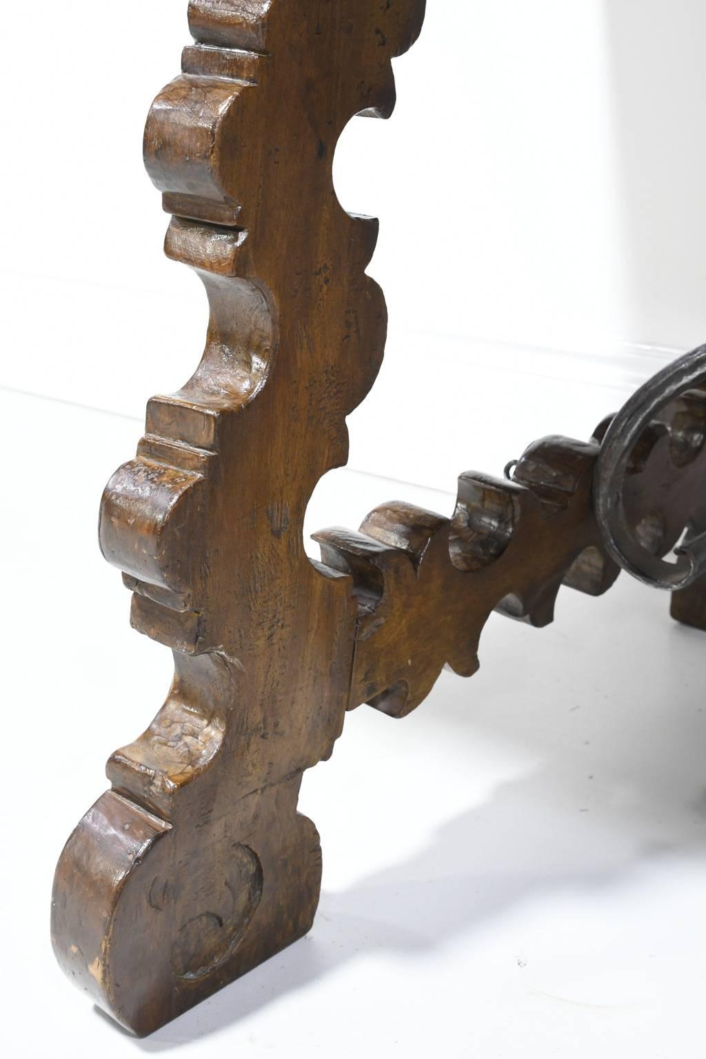 18th Century Spanish Guard Room Dining Table w/ Trestle & Forged Iron Stretcher 1