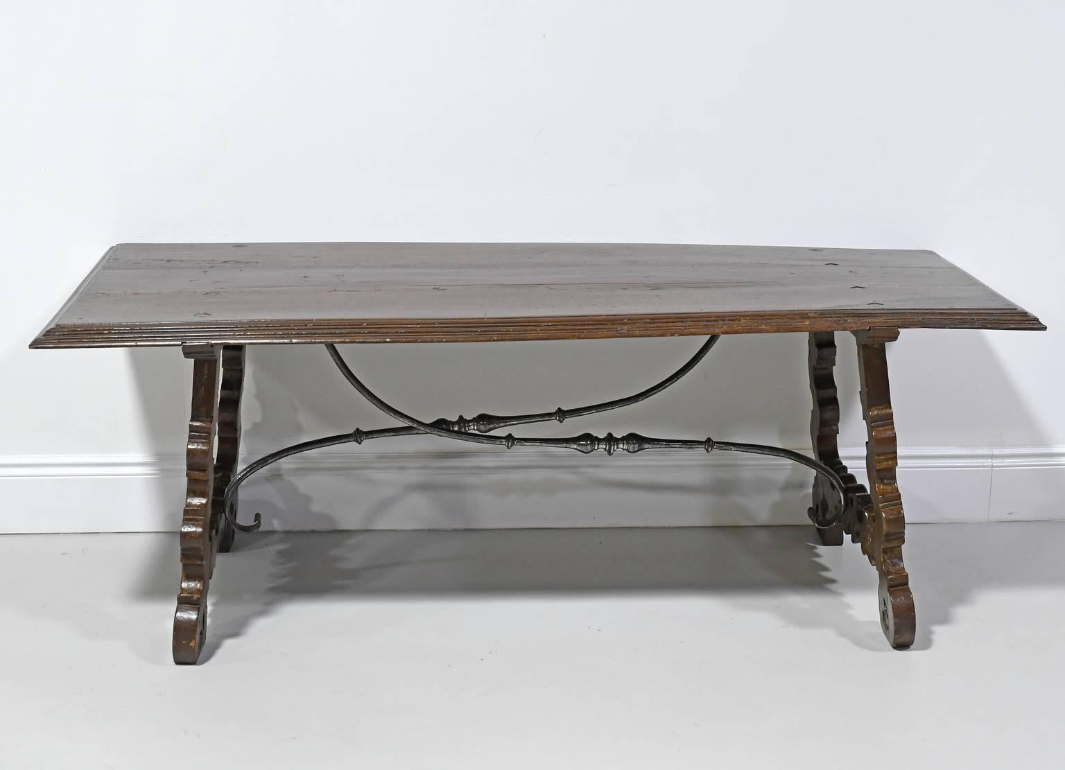 Baroque 18th Century Spanish Guard Room Dining Table w/ Trestle & Forged Iron Stretcher For Sale