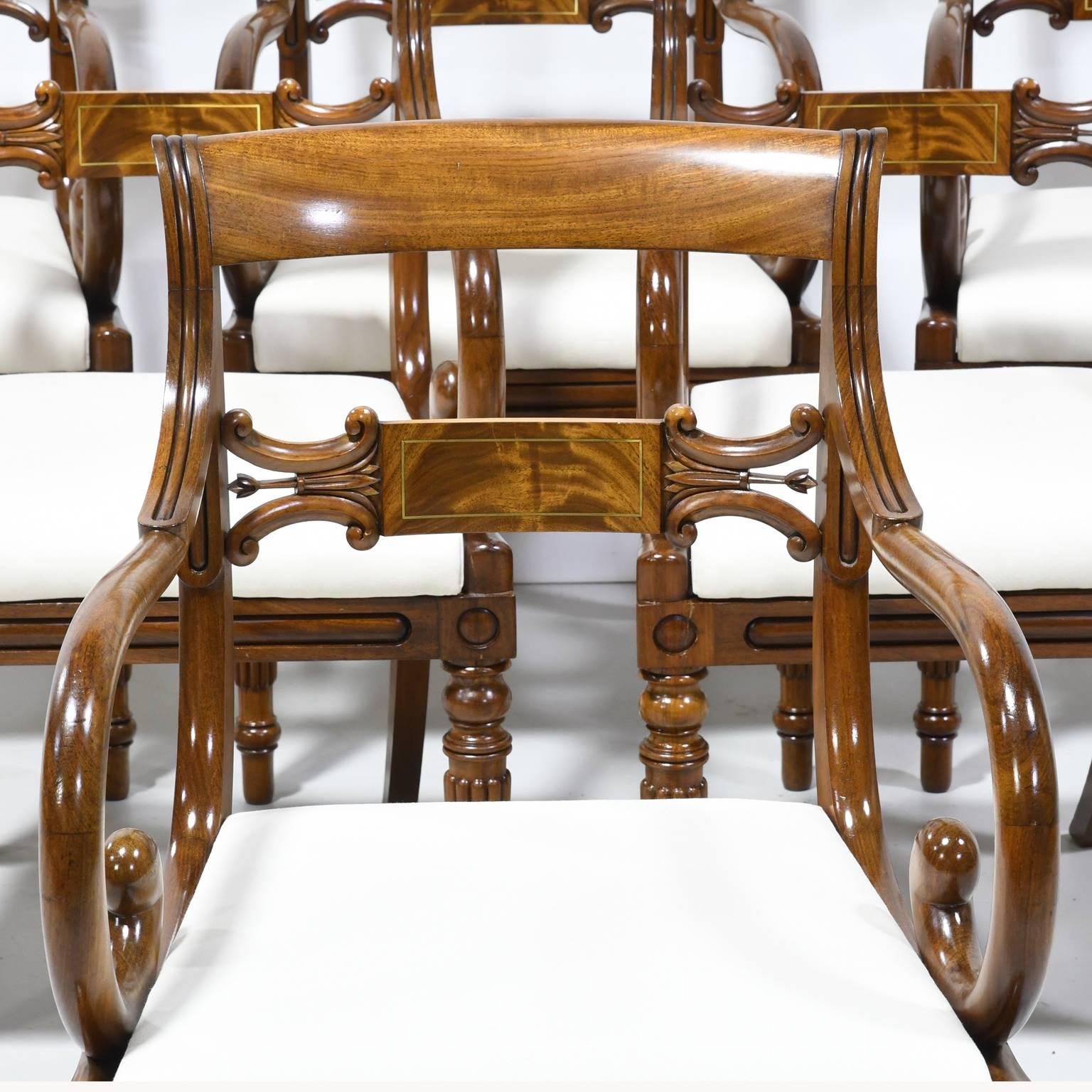 Polished Set of Six Swedish Empire Armchairs in Mahogany, Upholstered Seats, circa 1825