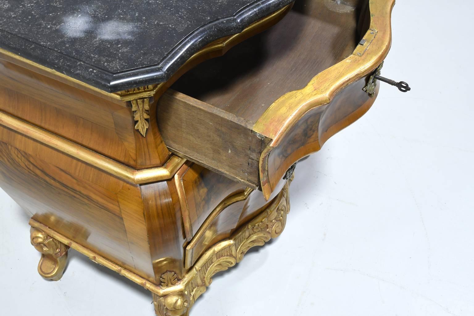 Danish 19th Century Rococo-Style Bombe Commode in Walnut w/ Parcel Gilt & Marble For Sale