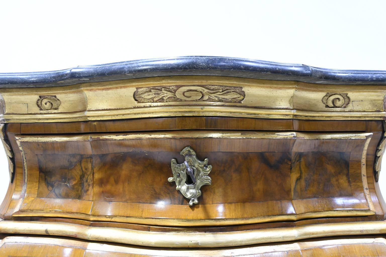 Belgian Black Marble 19th Century Rococo-Style Bombe Commode in Walnut w/ Parcel Gilt & Marble For Sale