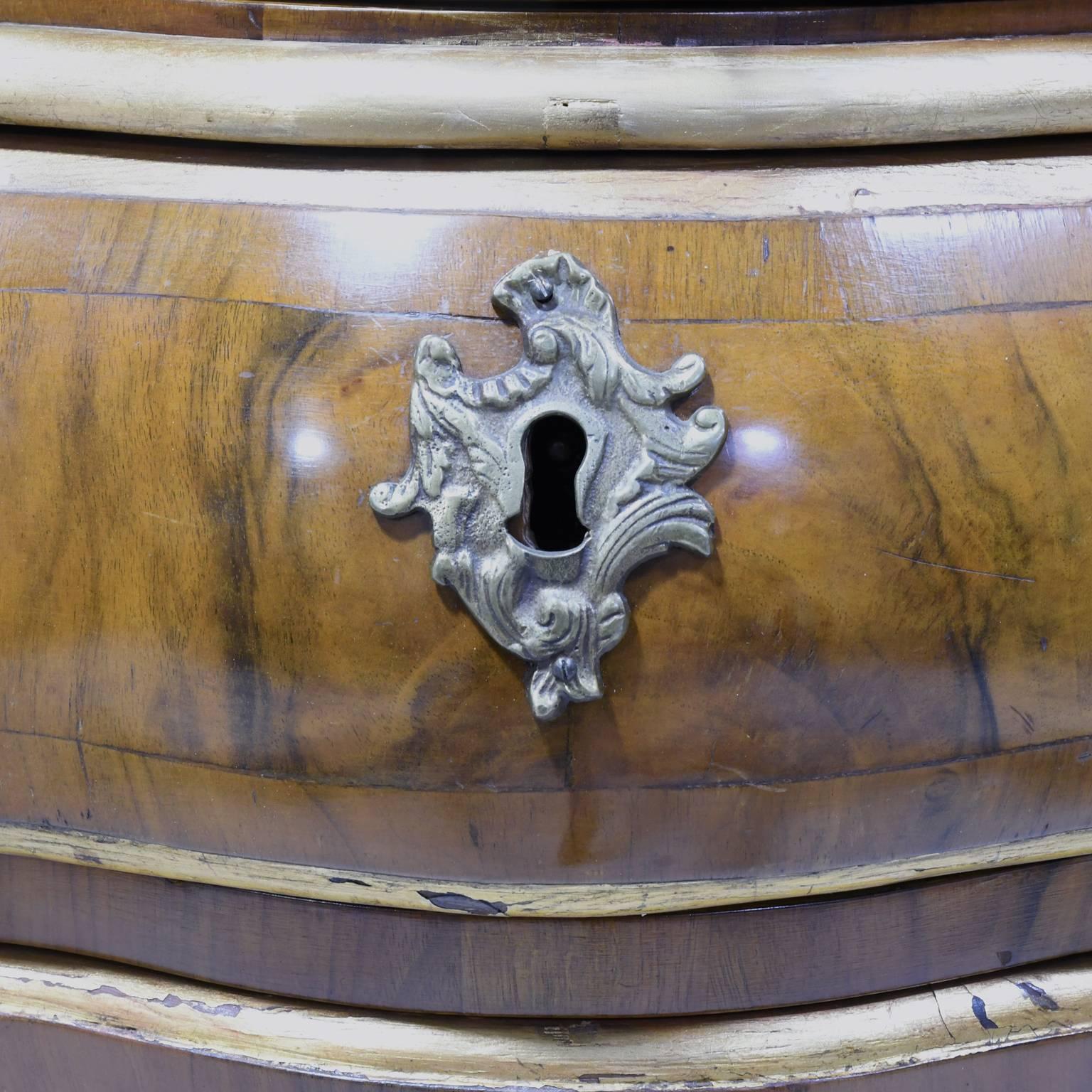 19th Century Rococo-Style Bombe Commode in Walnut w/ Parcel Gilt & Marble For Sale 1