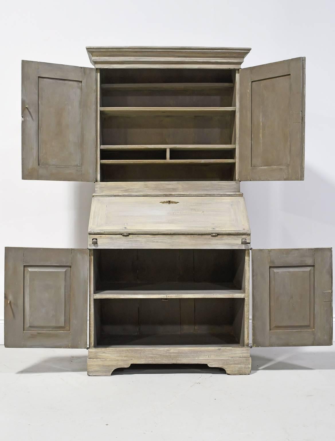 Pine 18th Century Grey-Painted Swedish Gustavian Fall-Front Secretary with Bookcase