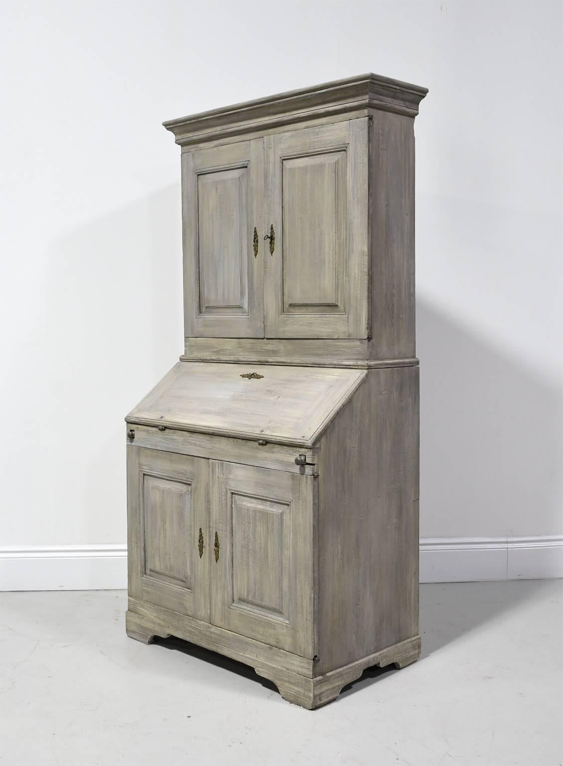 18th Century Grey-Painted Swedish Gustavian Fall-Front Secretary with Bookcase 1