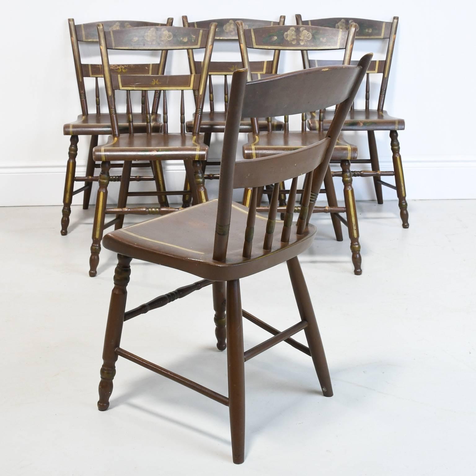 Rustic Set of Six Pennsylvania 1/2 Spindle Back Plank Seat Kitchen Chairs, circa 1870