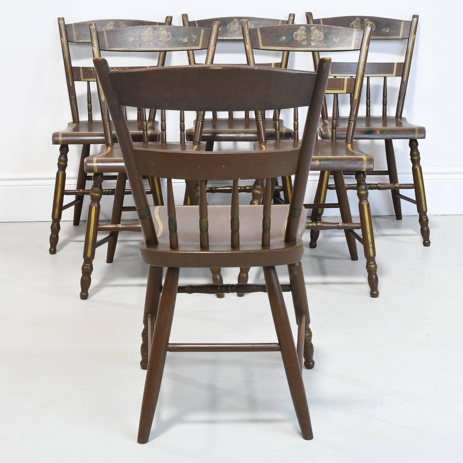 American Set of Six Pennsylvania 1/2 Spindle Back Plank Seat Kitchen Chairs, circa 1870