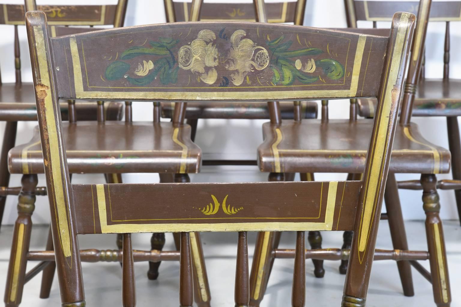 Polychromed Set of Six Pennsylvania 1/2 Spindle Back Plank Seat Kitchen Chairs, circa 1870