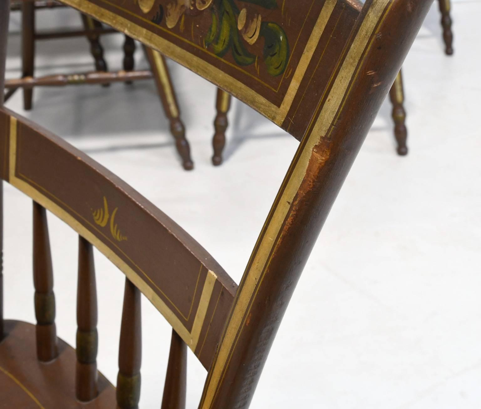 19th Century Set of Six Pennsylvania 1/2 Spindle Back Plank Seat Kitchen Chairs, circa 1870