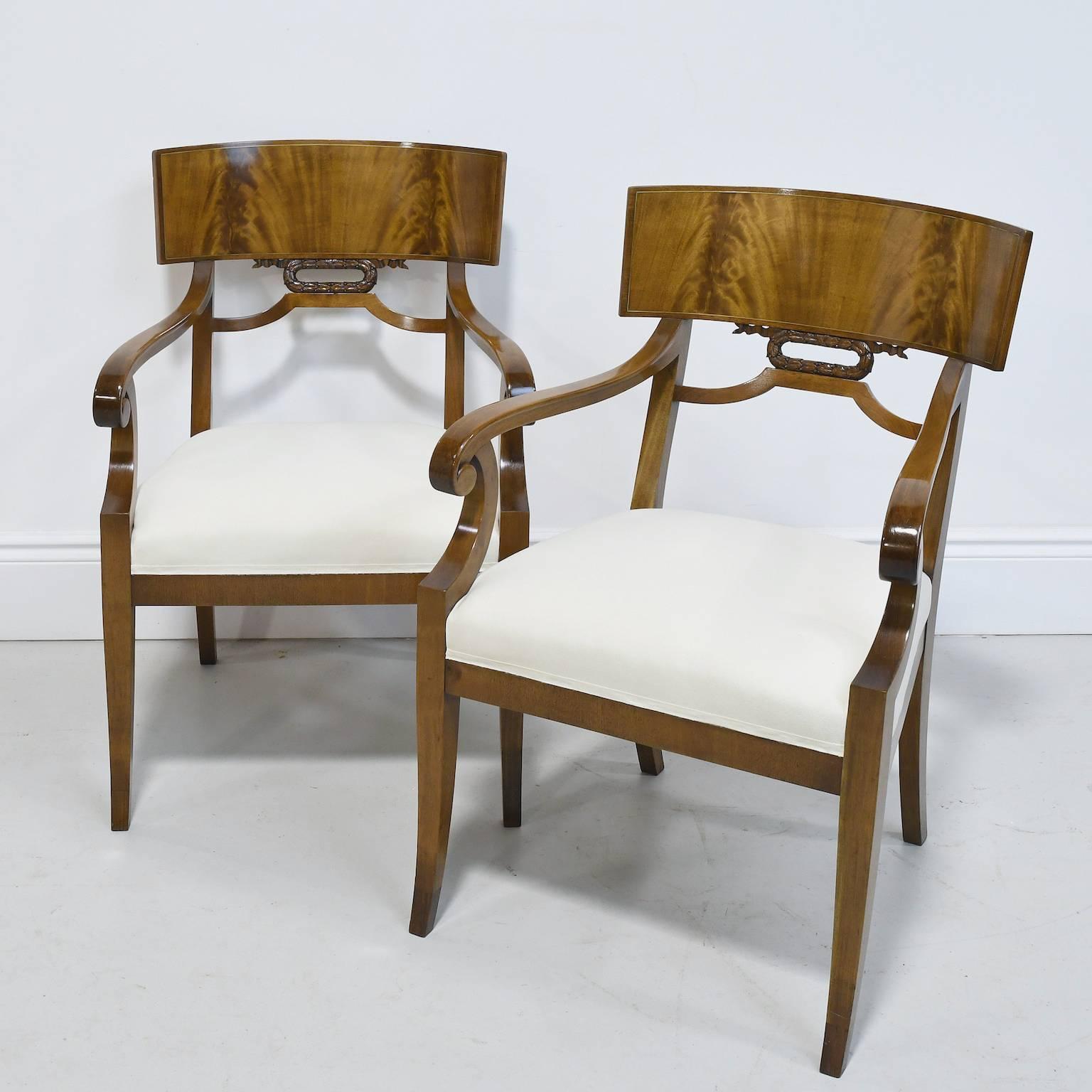 Upholstery Pair of Karl Johan Style Swedish Empire Klismo Chairs in Cuban Mahogany