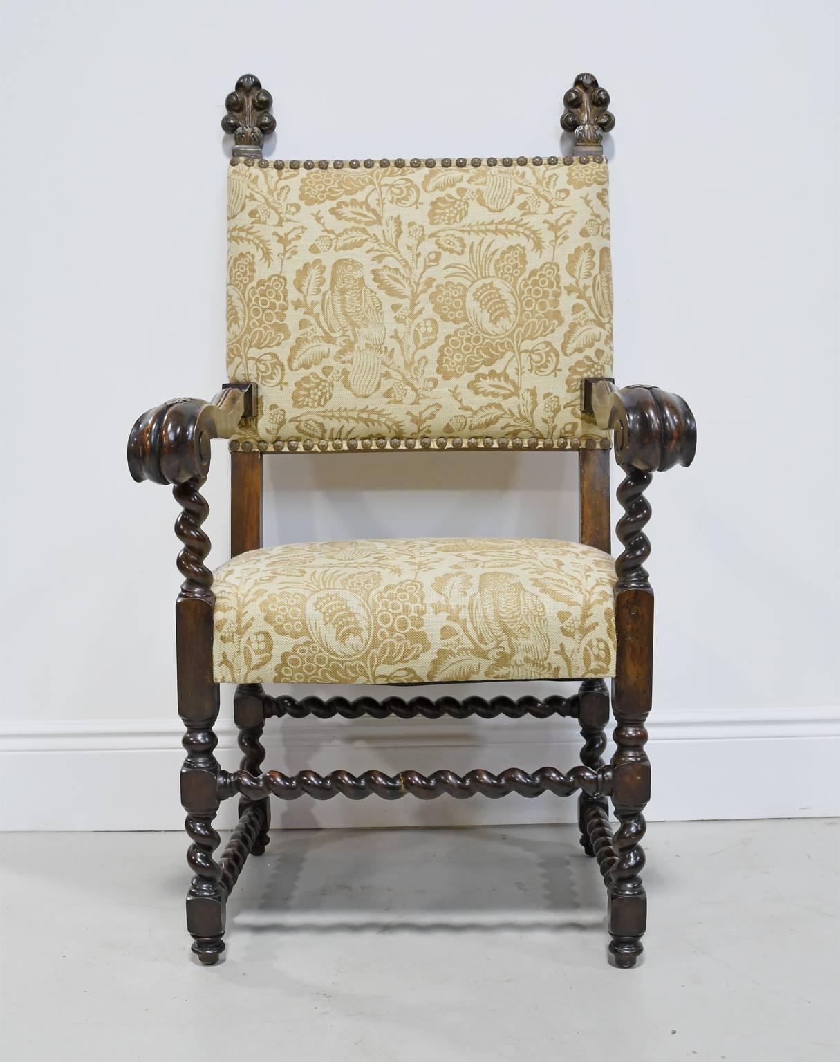 English Pair of 19th Century Jacobean Style Throne Chairs with Carved Royal Plumes For Sale