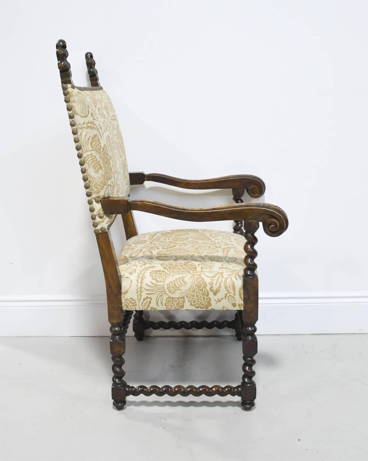 Upholstery Pair of 19th Century Jacobean Style Throne Chairs with Carved Royal Plumes For Sale