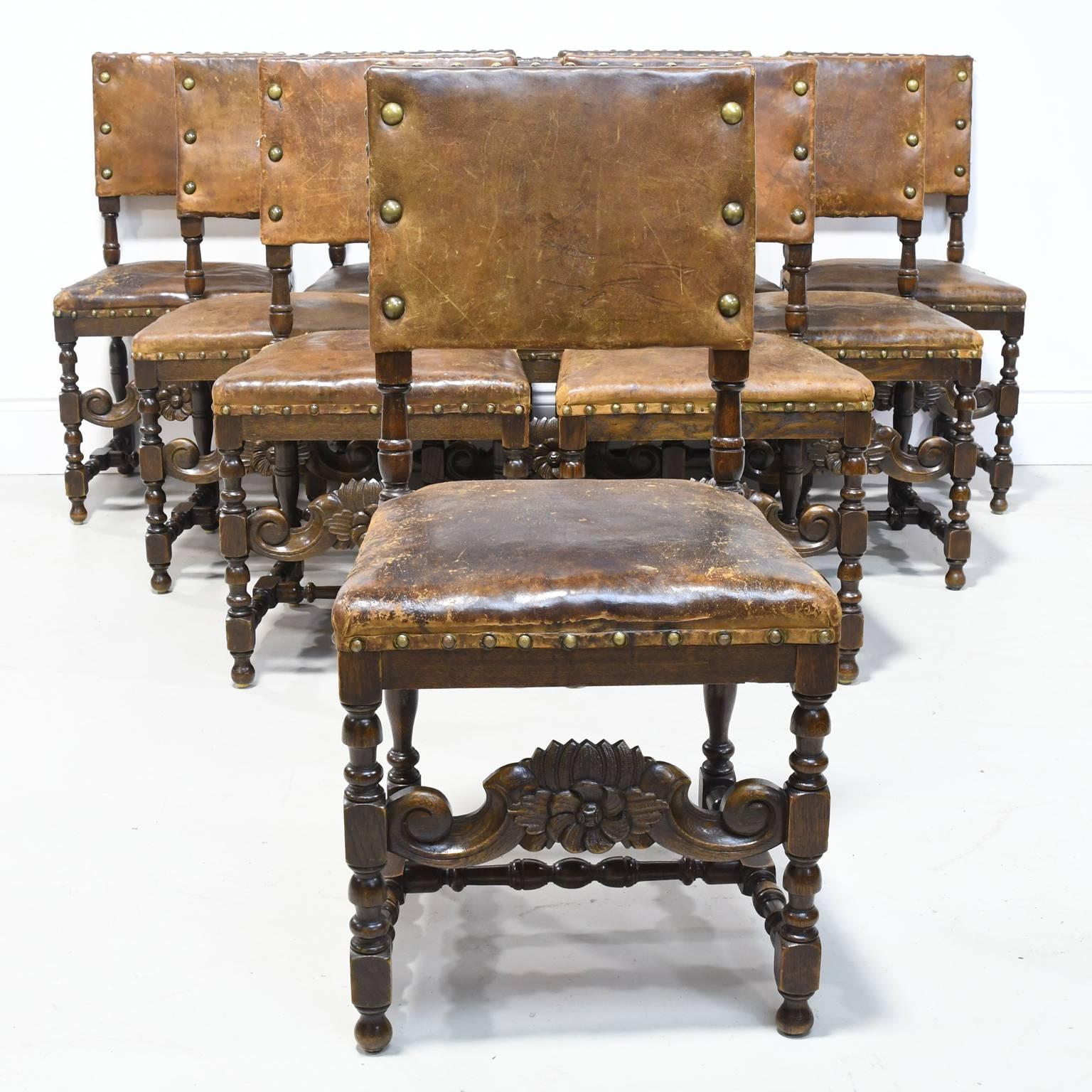 Set of 10 Italian 19th Century Renaissance Revival Chairs in Walnut with Leather 2